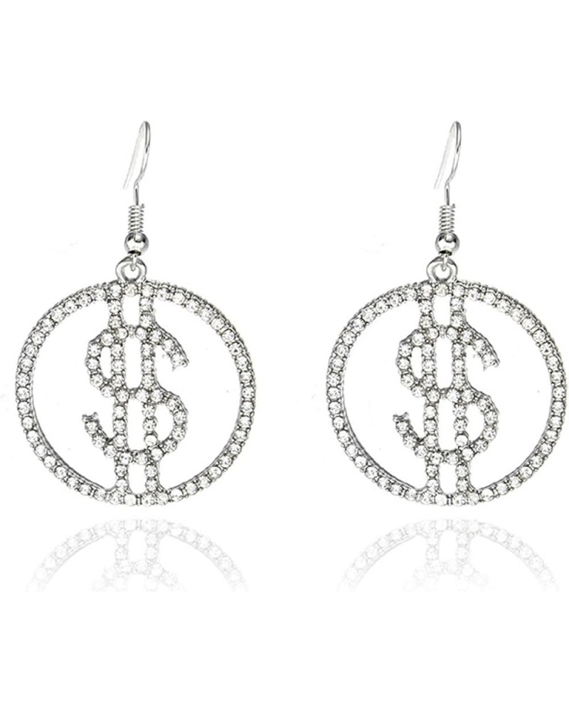 Crystal Dollar Money Sign Circle Dangle Drop Earrings for Women Girls Personality Glitter Sparkly Crystal Cubic Zirconia Roun...