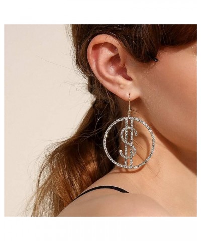 Crystal Dollar Money Sign Circle Dangle Drop Earrings for Women Girls Personality Glitter Sparkly Crystal Cubic Zirconia Roun...