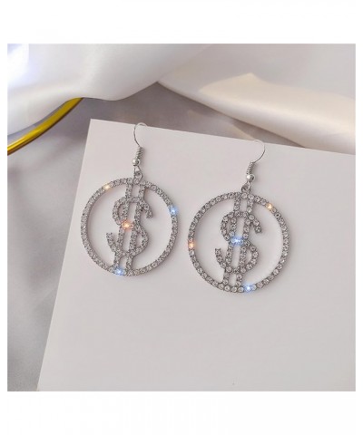 Crystal Dollar Money Sign Circle Dangle Drop Earrings for Women Girls Personality Glitter Sparkly Crystal Cubic Zirconia Roun...