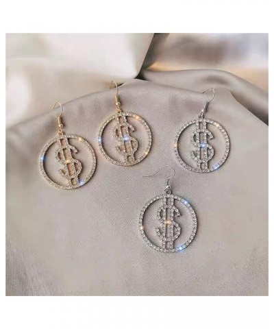 Crystal Dollar Money Sign Circle Dangle Drop Earrings for Women Girls Personality Glitter Sparkly Crystal Cubic Zirconia Roun...