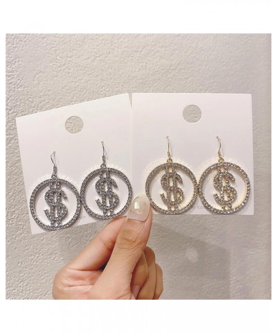 Crystal Dollar Money Sign Circle Dangle Drop Earrings for Women Girls Personality Glitter Sparkly Crystal Cubic Zirconia Roun...