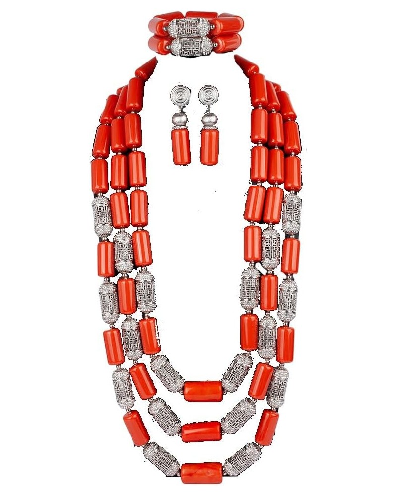 3 Rows African Artificial Coral Necklace Wedding Gift African Beads Jewelry Set 3 Rows 3 silver $58.00 Others