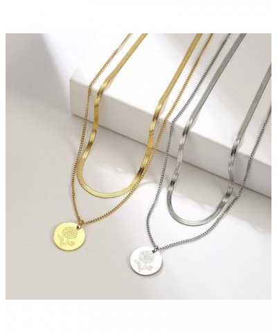 Birth Month Flower Layered Necklace Stainless Steel 12 Month Birthday Flower Disc Coin Pendant Necklace Snake Bone Chain Neck...