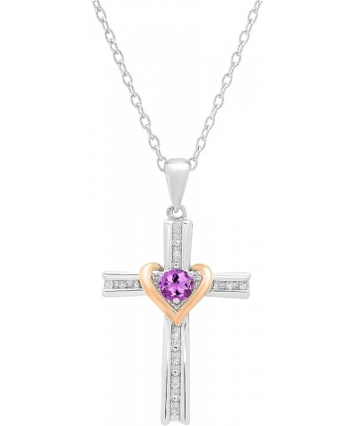 4 mm Round Gemstone & White Diamond Ladies Heart Love Cross Religious Pendant (Gold Chain Included), Available in Various Met...