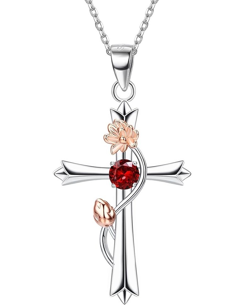 925 Sterling Silver Cross Necklace for Women 18K White Gold Plated Birth Flower Cross Pendant Necklace Sparkle Birthstone Cro...