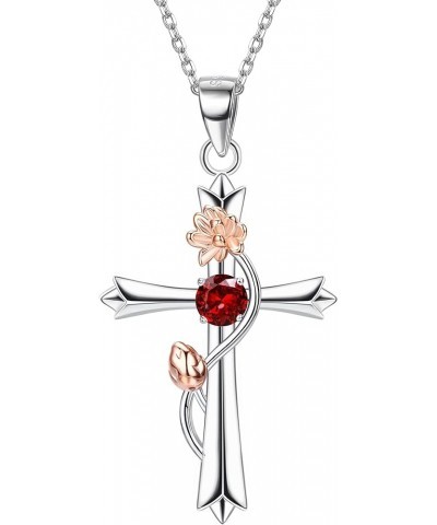 925 Sterling Silver Cross Necklace for Women 18K White Gold Plated Birth Flower Cross Pendant Necklace Sparkle Birthstone Cro...