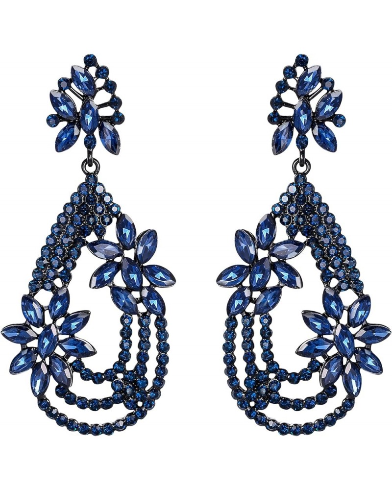 Women's Elegant Layer Crystal Rhinestone Marquise Flower Chandelier Dangle Earrings for Wedding Party Prom Blue Black-Tone $9...