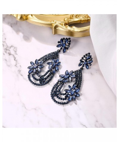 Women's Elegant Layer Crystal Rhinestone Marquise Flower Chandelier Dangle Earrings for Wedding Party Prom Blue Black-Tone $9...