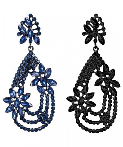 Women's Elegant Layer Crystal Rhinestone Marquise Flower Chandelier Dangle Earrings for Wedding Party Prom Blue Black-Tone $9...