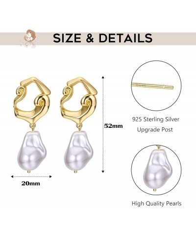 Pearl Hoop Earrings for Women, 14K Gold Plated Pearl Drop Earrings 925 Sterling Silver Gold Pearl Hoops Earrings Trendy Light...