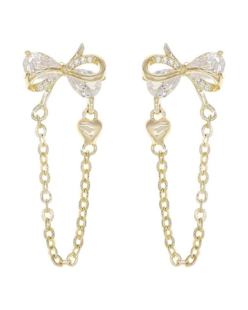 Gold Rhinestone Bow Earrings for Women Teen Girls - Cute Dainty Cubic Zirconia Crystal Flower Chain Drop Dangle Jewelry Valen...