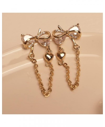 Gold Rhinestone Bow Earrings for Women Teen Girls - Cute Dainty Cubic Zirconia Crystal Flower Chain Drop Dangle Jewelry Valen...