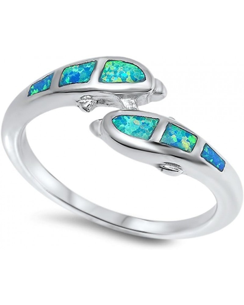 Dolphin Pair Blue Simulated Opal Unique Ring New .925 Sterling Silver Band Sizes 5-10 $12.84 Rings