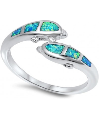 Dolphin Pair Blue Simulated Opal Unique Ring New .925 Sterling Silver Band Sizes 5-10 $12.84 Rings