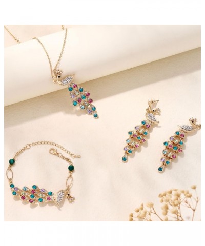 3 PCS Rhinestone Gold Jewelry Set Peacock Necklace Bracelet Earrings Sets Sparkling Muti-Color Costume Jewelry Sets Anniversa...