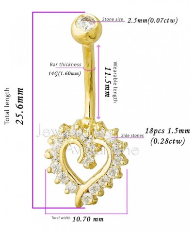 14K Gold Heart-shape Belly Button Ring with 0.35 cttw VVSI Moissanite Gemstones, 14G Banana Barbell, 9/16" 14mm Barbell Navel...