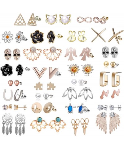 32 Pairs Assorted Stainless Steel Stud Earrings for Teens Girls Women-Cute Animal Faux Pearl Cat Elephant Sun Moon Star CZ Tw...