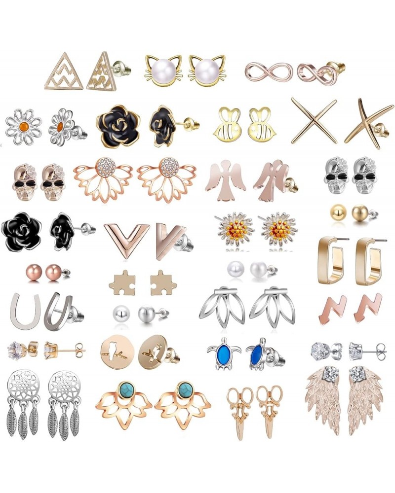 32 Pairs Assorted Stainless Steel Stud Earrings for Teens Girls Women-Cute Animal Faux Pearl Cat Elephant Sun Moon Star CZ Tw...