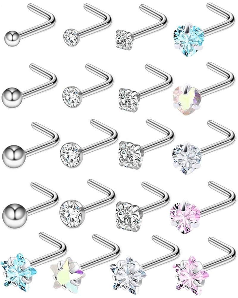 18G 20G Heart Star CZ Nose Rings Studs Hypoallergenic 316L Surgical Steel L Shaped Silver Stud Nose Rings Cute Nose Piercing ...