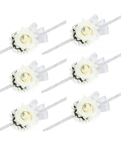 Velvet Open Rose Silvery Bling Ribbon Rhinestone Stretch Bracelet Wedding Prom Wrist Corsage Hand Flower Pack of 6 Ivory Ivor...