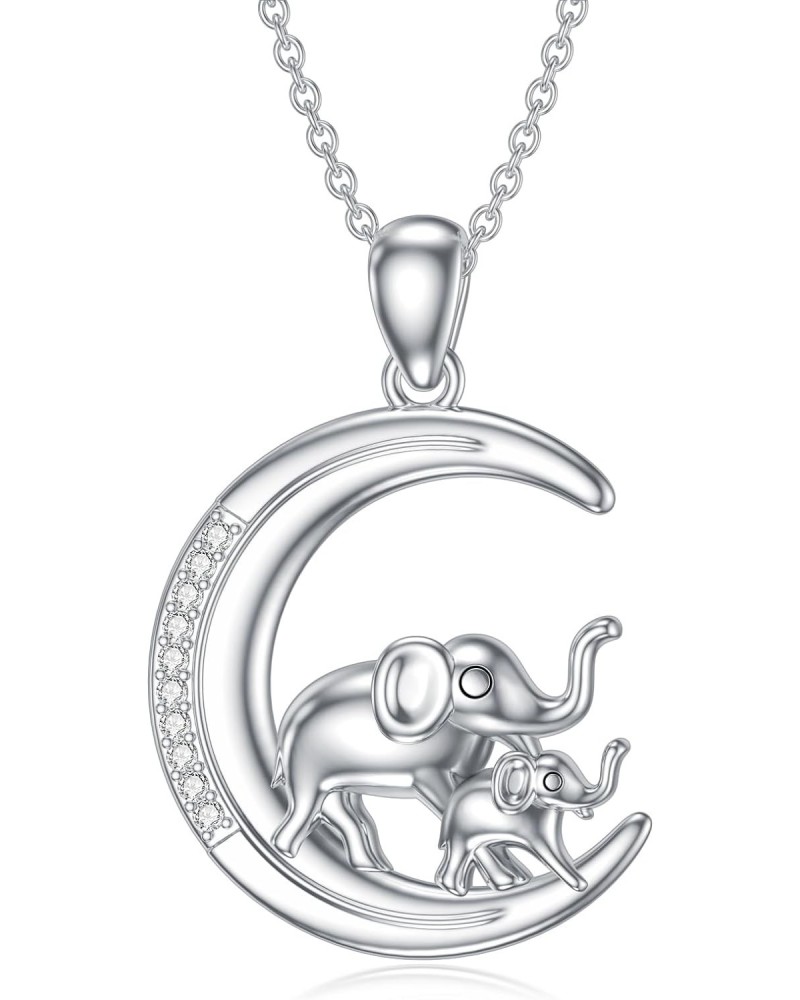 Diamond Elephant Necklace for Women S925 Sterling Silver Lucky Elephant Moon Necklace Elephant Gifts for Women Mother's Day B...