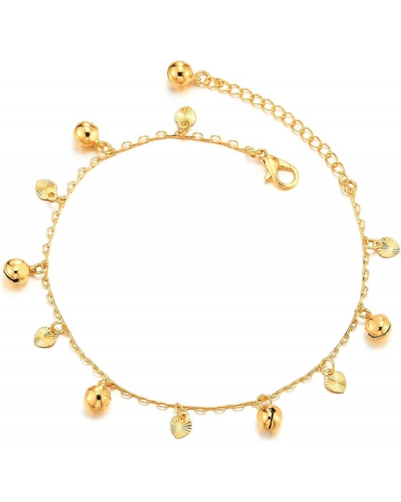 Beautiful Link Chain Anklet Bracelet with Dangling Grooved Hearts and Jingle Bells, Adjustable B-Metal Color:Gold $8.25 Anklets