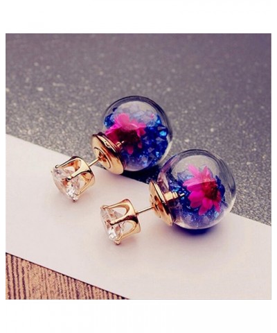 Women Crystal Ball Stud Earrings Personality Double - Sided Glass Ball Drill Dry Flower Earrings Ear Stud,Purple Navy Blue $3...