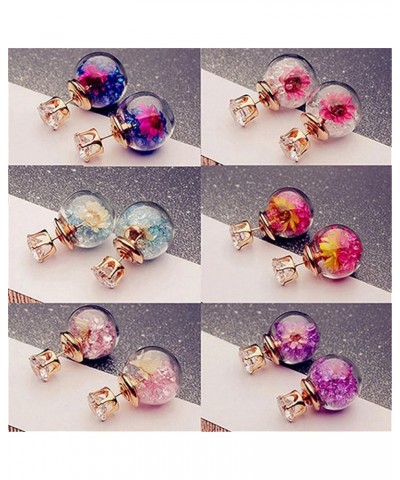 Women Crystal Ball Stud Earrings Personality Double - Sided Glass Ball Drill Dry Flower Earrings Ear Stud,Purple Navy Blue $3...