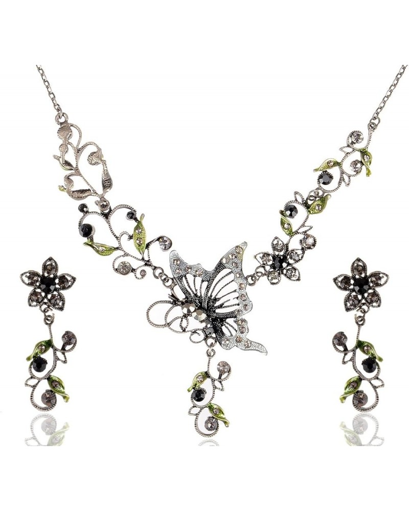 Colorful Crystal Rhinestone Butterfly Cluster Floral Flower Necklace Earring Set Green $10.00 Jewelry Sets