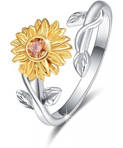 Sunflower Rings for Women, 925 Sterling Silver Sunflower Ring,CZ You are My Sunshine Adjustable Open Band Rings Sunflower Jew...