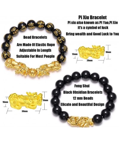 3Pcs Feng Shui Black Obsidian Bracelets Set - Good Luck Amulet Dragon Lucky Charm Bracelets Pi Xiu Pi Yao Attract Lucky Wealt...