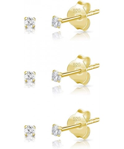 Set of 3 PAIRS of 925 Sterling Silver, 24K Yellow or 18K Rose Gold Plated VERY/TINY/SMALL Round Stud Earrings with Cubic Zirc...