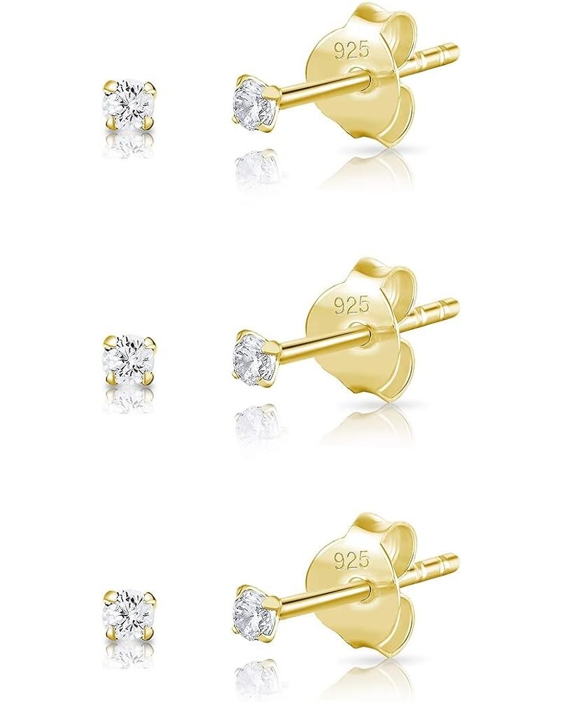 Set of 3 PAIRS of 925 Sterling Silver, 24K Yellow or 18K Rose Gold Plated VERY/TINY/SMALL Round Stud Earrings with Cubic Zirc...