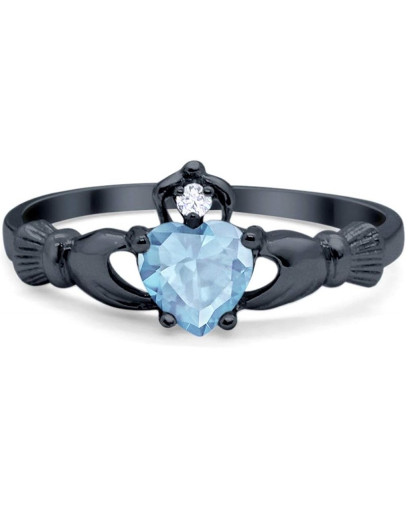 Irish Claddagh Heart Promise Ring Lab Created Round CZ 925 Sterling Silver Choose Color Black Tone, Simulated Blue Aquamarine...