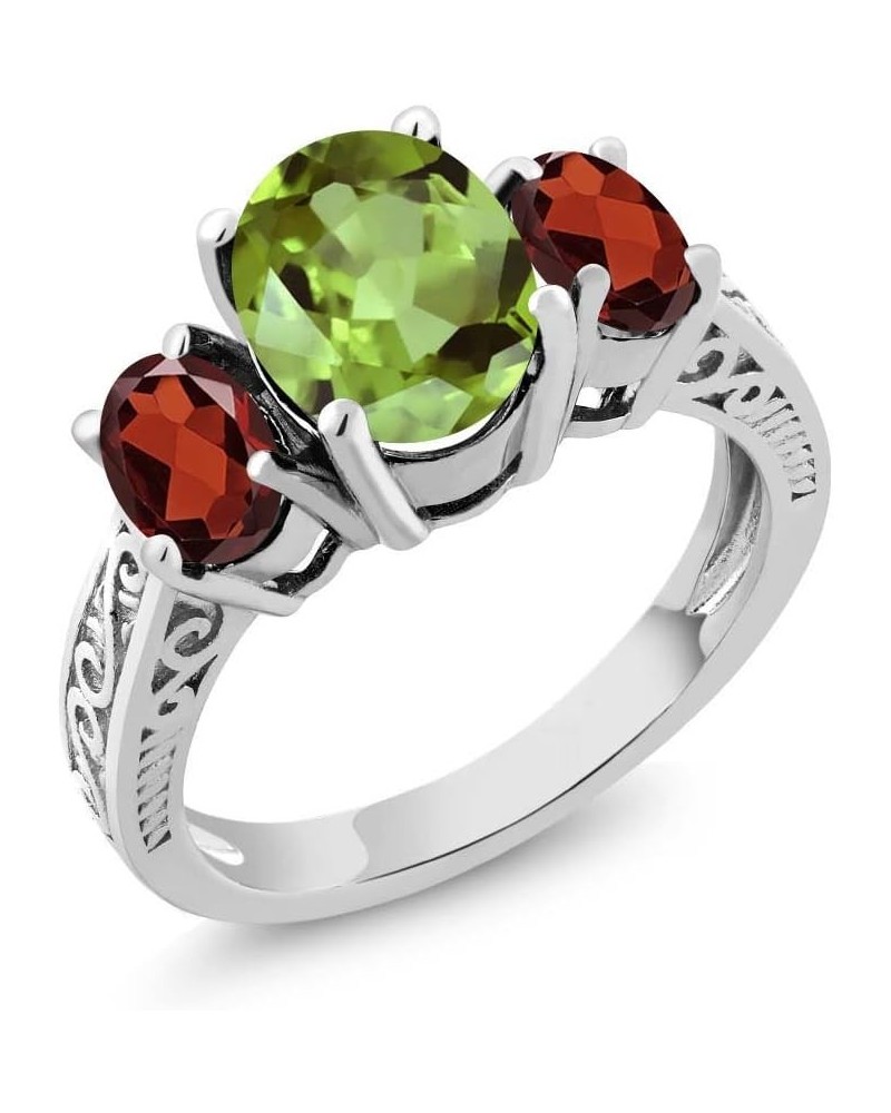 925 Sterling Silver Green Peridot and Red Garnet 3 Stone Ring For Women (2.45 Cttw, Gemstone Birthstone, Available In Size 5,...