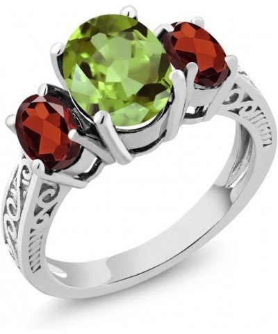 925 Sterling Silver Green Peridot and Red Garnet 3 Stone Ring For Women (2.45 Cttw, Gemstone Birthstone, Available In Size 5,...