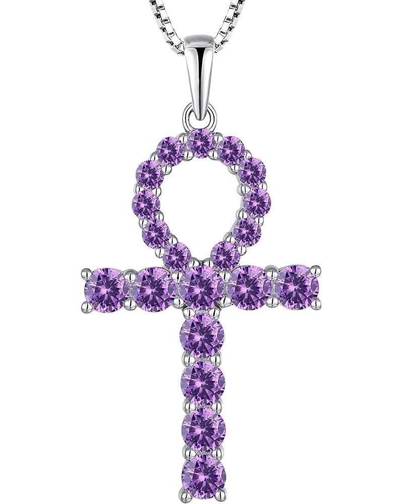 Women's Cross Necklace 925 Sterling Silver Ankh Crucifix Pendant Gemstones Criss Jewelry 02-amethyst-Feb $29.69 Necklaces