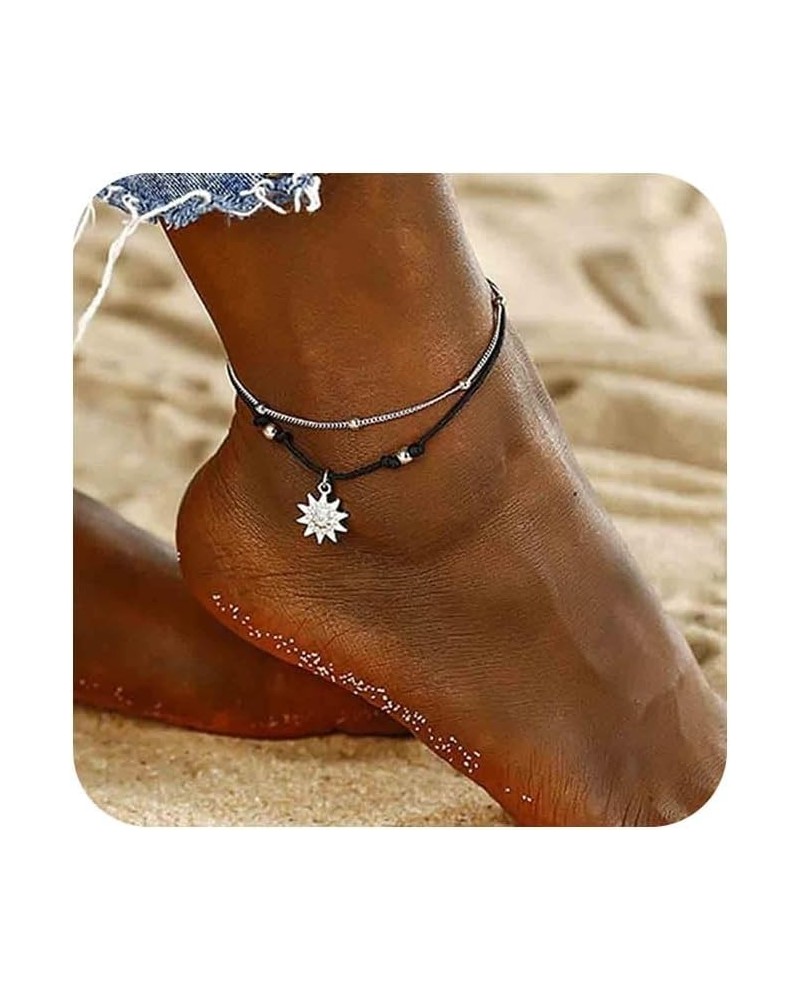 Boho Layered Sun Anklet Bracelet Black Wax Rope Ankle Bracelet Silver Sunflower Dangle Anklets Vintage Black Rope Chain Ankle...