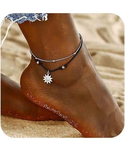 Boho Layered Sun Anklet Bracelet Black Wax Rope Ankle Bracelet Silver Sunflower Dangle Anklets Vintage Black Rope Chain Ankle...