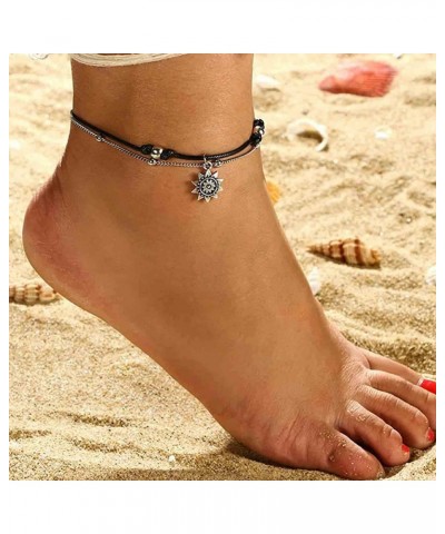 Boho Layered Sun Anklet Bracelet Black Wax Rope Ankle Bracelet Silver Sunflower Dangle Anklets Vintage Black Rope Chain Ankle...