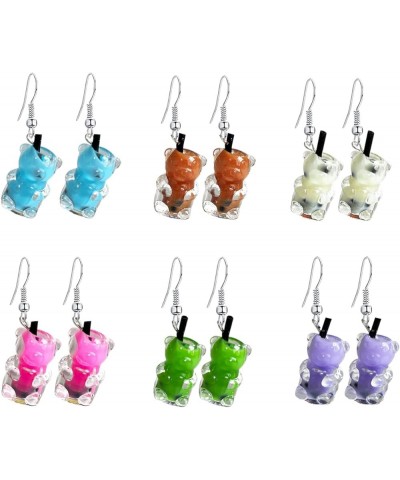 6 Pairs Candy Bear Earrings Gummy Glass Bear Drop Colorful Cartoon Dangle Drop Earrings for Women Bear Milk Tea Cup-6Pairs $5...