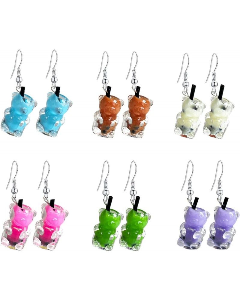 6 Pairs Candy Bear Earrings Gummy Glass Bear Drop Colorful Cartoon Dangle Drop Earrings for Women Bear Milk Tea Cup-6Pairs $5...