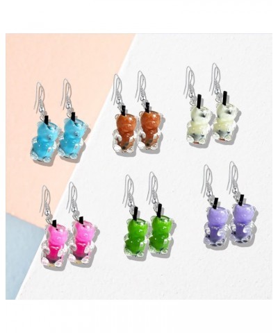 6 Pairs Candy Bear Earrings Gummy Glass Bear Drop Colorful Cartoon Dangle Drop Earrings for Women Bear Milk Tea Cup-6Pairs $5...