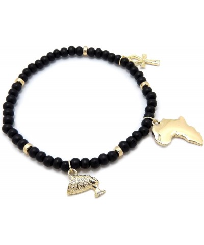 Womens Girls Egyptian Symbols Queen Nefertiti Ankh African Map Charm 6 mm 10" to 12" Stretch Wooden Bead Anklet Ankle Bracele...