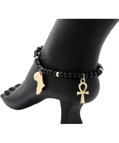 Womens Girls Egyptian Symbols Queen Nefertiti Ankh African Map Charm 6 mm 10" to 12" Stretch Wooden Bead Anklet Ankle Bracele...