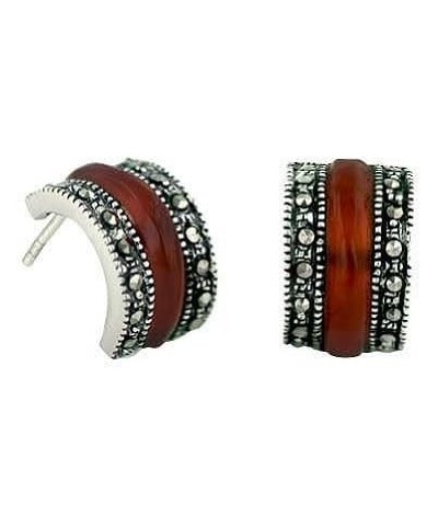 Sterling Silver Arc Shape Genuine Carnelian with Marcasite Pave Both Side Post Earrings $16.20 Earrings