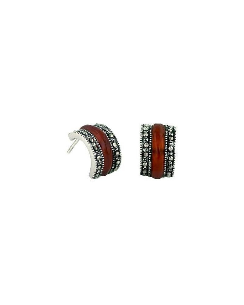 Sterling Silver Arc Shape Genuine Carnelian with Marcasite Pave Both Side Post Earrings $16.20 Earrings