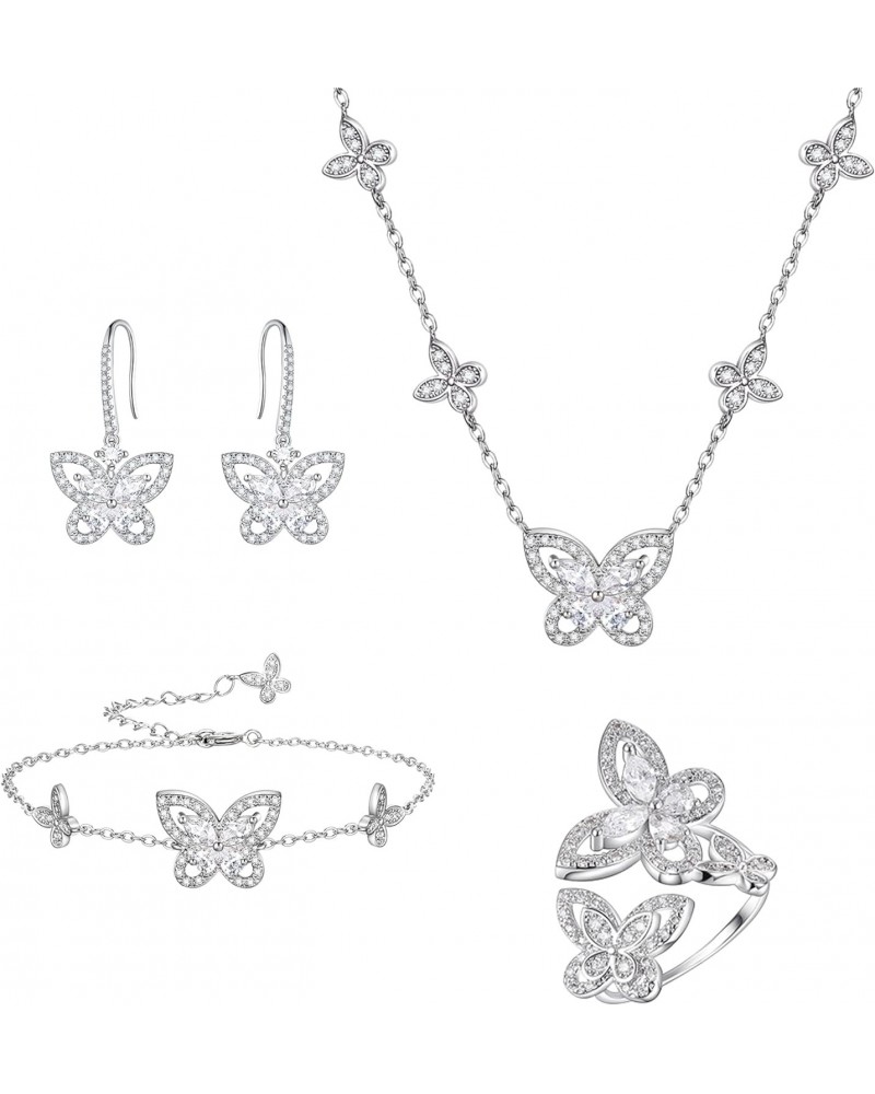 Butterfly Jewelry for Women, Silver-Plated Cubic Zirconia Butterflies Pendant Necklace/Earrings/Ring/Bracelet Set for Her But...