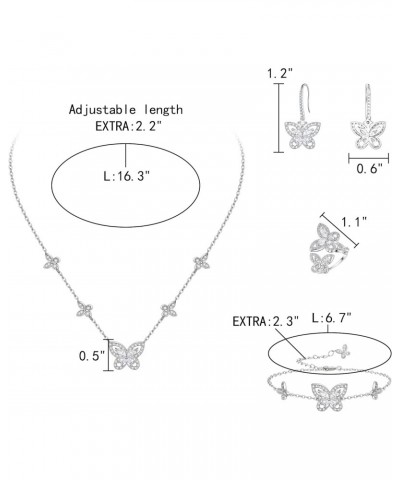 Butterfly Jewelry for Women, Silver-Plated Cubic Zirconia Butterflies Pendant Necklace/Earrings/Ring/Bracelet Set for Her But...