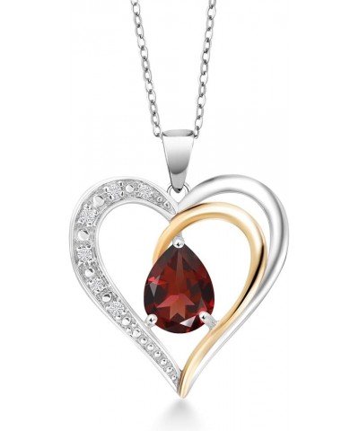 925 Sterling Silver and 10K Yellow Gold Red Garnet and White Lab Grown Diamond Keren Hanan Heart Shape Pendant Necklace For W...